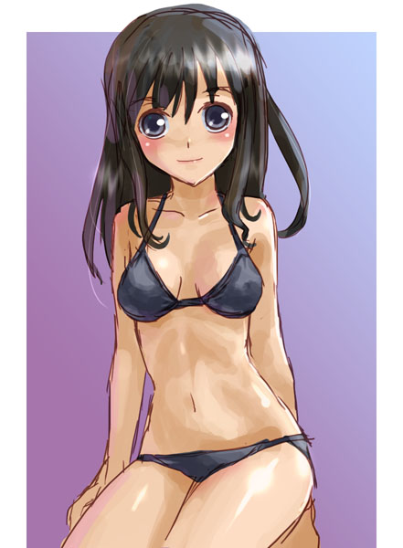 katahira masashi, original, bikini, black bikini, black eyes, black hair, long hair, midriff, solo, swimsuit