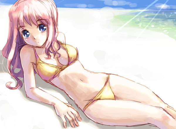 katahira masashi, 1girl, beach, bikini, blue eyes, day, female focus, lying, ocean, outdoors, pink hair, sky, solo, swimsuit, water, yellow bikini