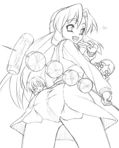 oryo (oryo04), asakura ryoko, kimidori emiri, nagato yuki, suzumiya haruhi no yuuutsu, lowres, unfinished, 00s, 3girls, chibi, greyscale, half updo, monochrome, multiple girls, school uniform, serafuku