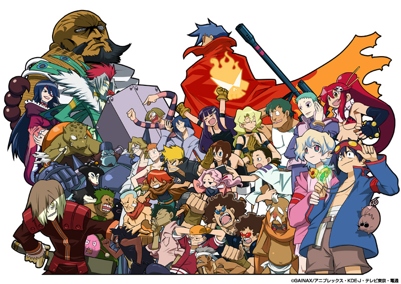 adiane, ailac coega, attenborough cortitch, barinbo, boota (ttgl), cytomander, darry adai, dayakka, gabal docker, gimmy adai, guame, jogan, kamina (ttgl), kidd coega, kinon bachika, kittan bachika, kiyal bachika, kiyoh bachika, leeron littner, leite jokin, lordgenome, makken, nia teppelin, old coco, rossiu adai, simon (ttgl), tetsukan, thymilph, viral (ttgl), yoko littner, zoushi kanai, tengen toppa gurren lagann, silver hair, 00s, 6+boys, 6+girls, bald, beard, belt, bikini, bikini top only, blonde hair, blue hair, bodysuit, breasts, brown hair, buckle, cape, cleavage, curly hair, dark skin, drill, everyone, facial hair, gainaxtop, giant, goggles, goggles on head, gun, jewelry, long hair, looking at viewer, multicolored hair, multiple boys, multiple girls, necklace, old, old man, pendant, ponytail, red hair, rifle, scarf, sharp teeth, shorts, simple background, sniper rifle, spiked hair, standing, swimsuit, teeth, thick eyebrows, topless female, two-tone hair, very long hair, weapon, white background