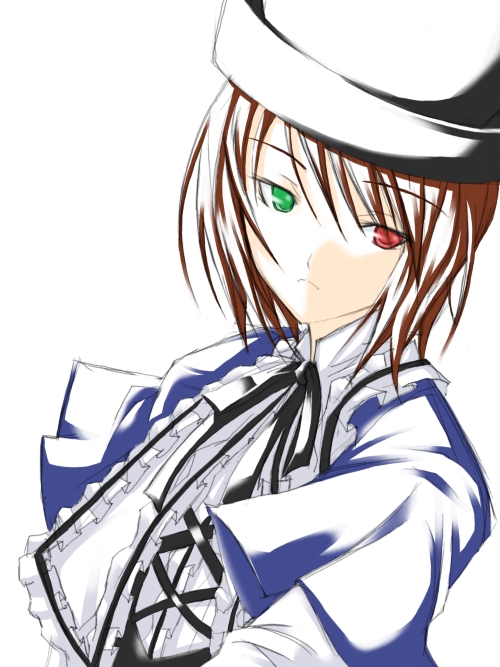 ribi, souseiseki, rozen maiden, 00s, 1girl, black ribbon, blue dress, brown hair, closed mouth, collar, dress, expressionless, female focus, green eyes, hat, heterochromia, red eyes, ribbon, short hair, solo, top hat, upper body