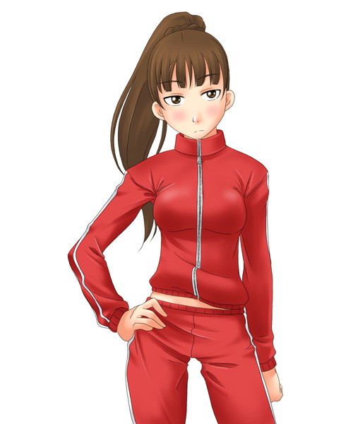 toshifumi, takeshima tsutako, tsukiyama minako, maria-sama ga miteru, 00s, 1girl, blush, female focus, hand on own hip, midriff, ponytail, solo, track suit