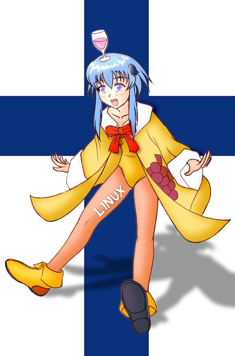 linux-tan, linux, os-tan, 1girl, alcohol, bird, blue hair, bow, cup, cup on head, drinking glass, female focus, finland, food, fruit, fruit print, glass, grape print, grapes, leotard, pantyhose, penguin, purple eyes, solo, wine, wine glass