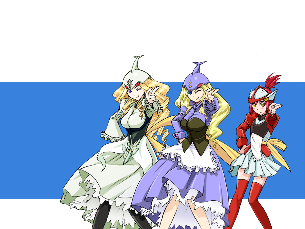 bilbai, billbi, billbine, danbai, dunbine, saabai, sarbai, sirbi, sirbine, aura battler dunbine tale of the neo byston well, futaba channel, jinki, nijiura maids, os-tan, seisenshi dunbine, seisenshi dunbine: new story of aura battler dunbine, 1980s (style), 3girls, :q, dress, mecha musume, multiple girls, oldschool, one eye closed, pantyhose, parody, retro artstyle, thighhighs, tongue, tongue out, wink