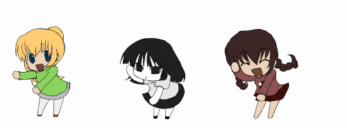 madotsuki, monoe, poniko, kodomo no jikan, yume nikki, animated, animated gif, lowres, 3girls, braid, green shirt, multiple girls, parody, shirt, skirt, the monkey, twin braids