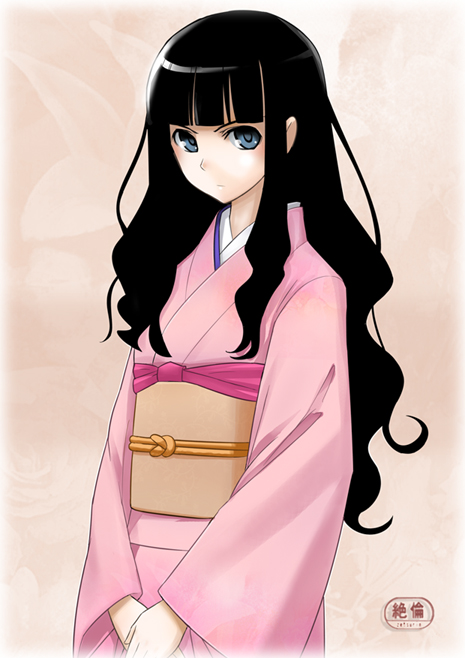 sugar (sugarless), itoshiki rin, sayonara zetsubou sensei, 00s, 1girl, black hair, blue eyes, curly hair, female focus, japanese clothes, kimono, long hair, solo