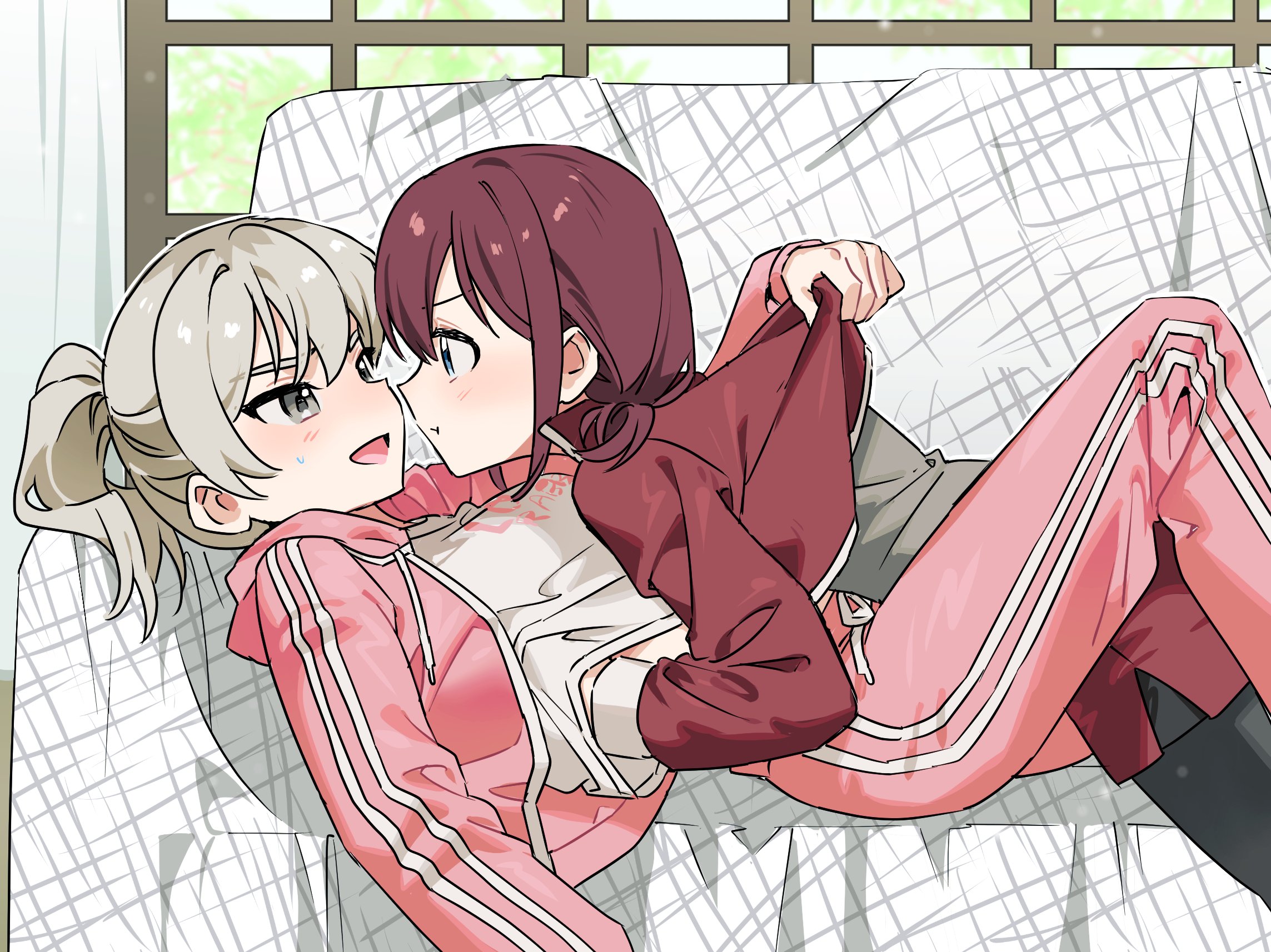habsida (habsida hpy), iseri nina, kawaragi momoka, girls band cry, commentary, highres, korean commentary, 2girls, between legs, blue eyes, closed mouth, couch, eye contact, grey eyes, grey hair, hand under clothes, hand under shirt, indoors, jacket, long hair, looking at another, multicolored hair, multiple girls, on couch, open mouth, pants, pink jacket, pink pants, ponytail, pout, red hair, red jacket, roots (hair), shirt, short twintails, sweat, track jacket, track pants, twintails, white shirt, yuri