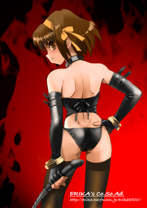 shibata masahiro, suzumiya haruhi, suzumiya haruhi no yuuutsu, 00s, 1girl, bare shoulders, bdsm, black panties, black thighhighs, brown eyes, brown hair, choker, collar, dominatrix, elbow gloves, female focus, gloves, hair ribbon, hand on own hip, hip focus, leather, lingerie, looking back, panties, ribbon, short hair, shoulder blades, skin tight, solo, thighhighs, underwear, whip