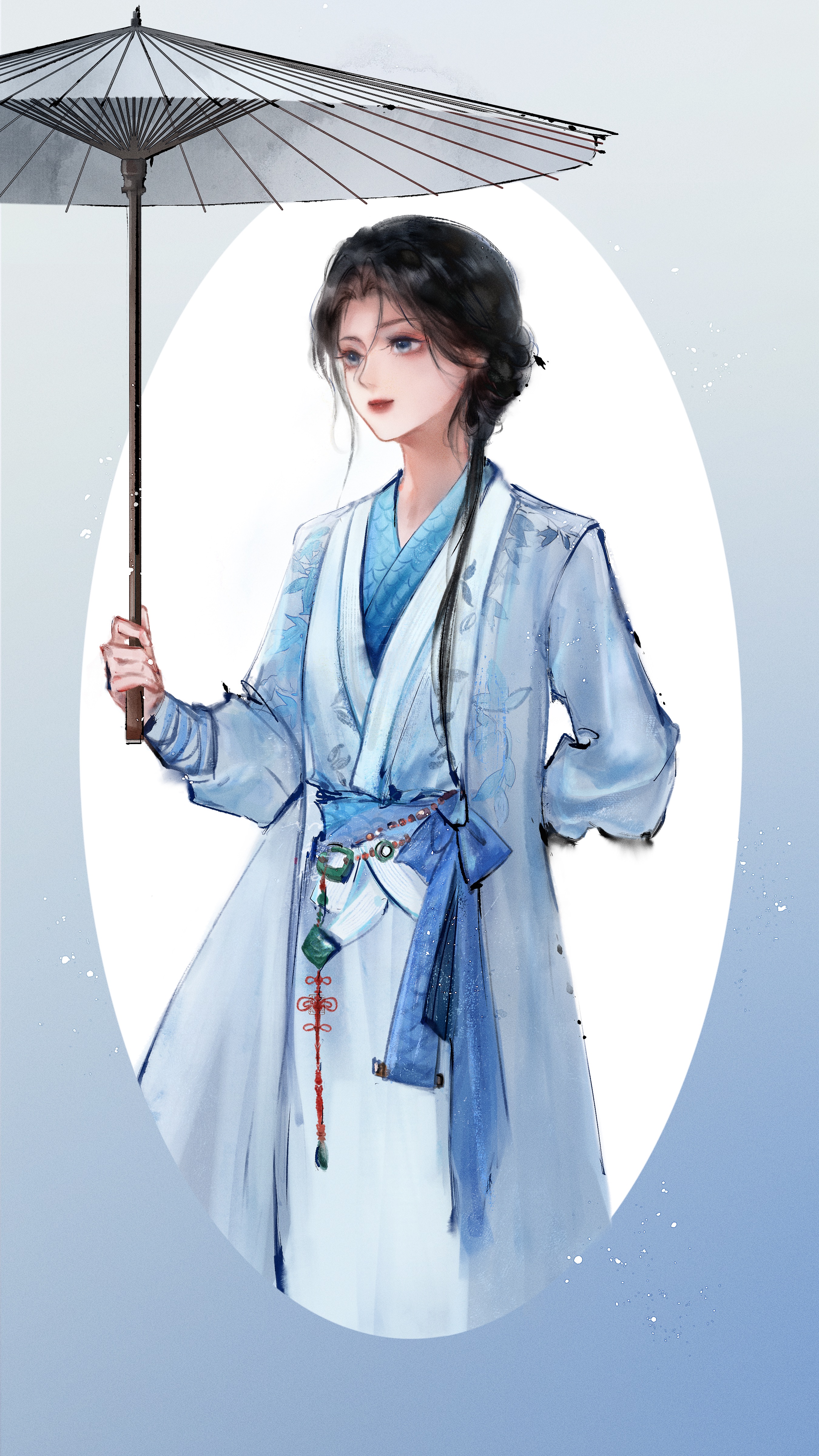 miss bai (infinity nikki), infinity nikki, nikki (series), absurdres, chinese commentary, commentary request, highres, 1girl, arm behind back, bamboo print, black hair, blue border, blue bow, blue eyes, border, bow, chinese clothes, closed mouth, eyelashes, eyeshadow, feet out of frame, grey robe, hair bun, hair over shoulder, hanfu, holding, holding umbrella, light particles, lipstick, liuxianghezhao, long hair, long sleeves, looking ahead, makeup, no blindfold, oil-paper umbrella, outside border, pink eyeshadow, puffy long sleeves, puffy sleeves, red lips, robe, round border, single side bun, smile, solo, standing, umbrella, waist bow, white background, white hanfu, white umbrella