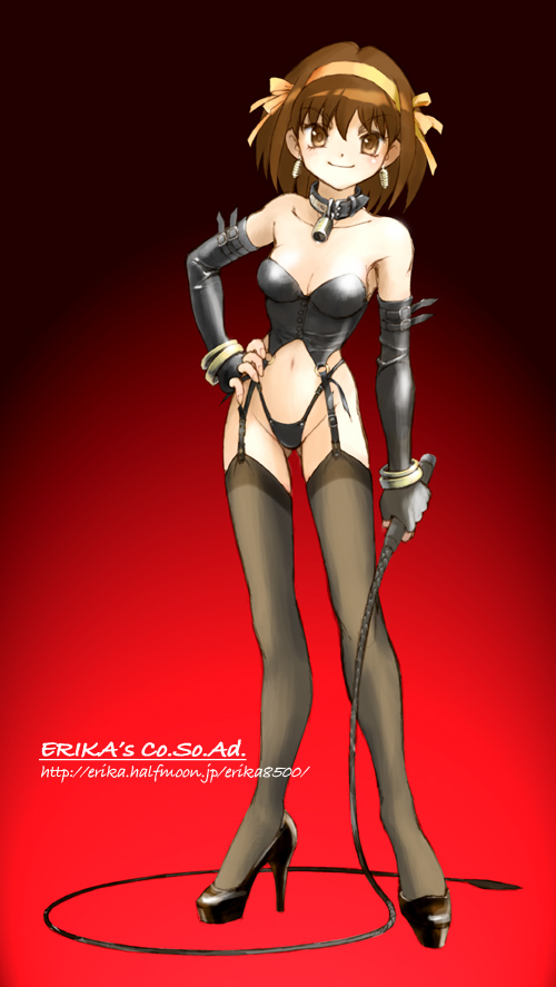 shibata masahiro, suzumiya haruhi, suzumiya haruhi no yuuutsu, 00s, 1girl, bare shoulders, bdsm, black panties, black shoes, bracelet, breasts, brown eyes, brown hair, bustier, cleavage, collar, corset, dominatrix, elbow gloves, female focus, femdom, gloves, hair ribbon, high heels, jewelry, leather, lingerie, lock, padlock, panties, ribbon, shoes, short hair, skin tight, smile, solo, thighhighs, underwear, underwear only, whip
