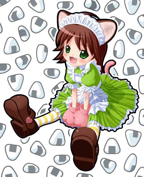 nekopuchi, awakened miki, hoshii miki, idolmaster, idolmaster (classic), idolmaster 1, maid fairy tale, 00s, 1girl, animal ears, animal hands, brown hair, cat ears, female focus, food, gloves, maid, onigiri, paw gloves, solo, striped clothes, striped thighhighs, thighhighs