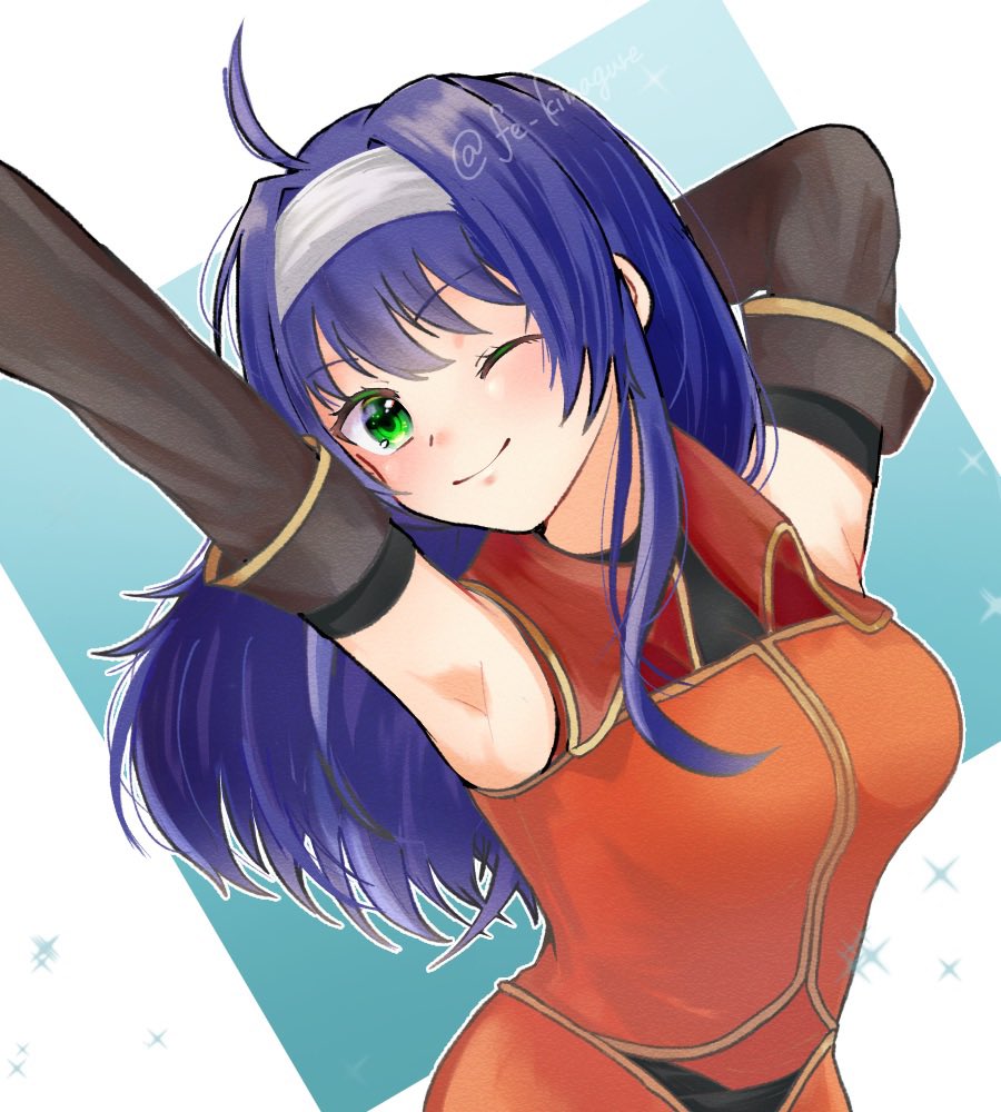 mia (fire emblem), fire emblem, fire emblem: radiant dawn, nintendo, 1girl, ;), ahoge, arm behind head, arm up, armpits, breasts, closed mouth, detached sleeves, dress, fe kimagure, green eyes, hairband, long hair, looking at viewer, medium breasts, one eye closed, orange dress, purple hair, smile, solo, twitter username, upper body, white hairband