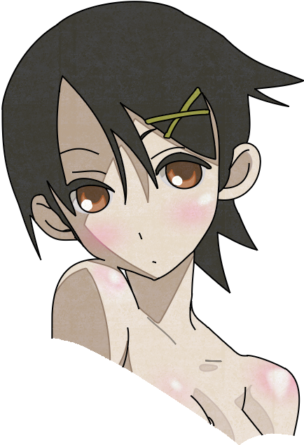 fuura kafuka, sayonara zetsubou sensei, 00s, 1girl, bare shoulders, blush, breasts, brown eyes, brown hair, cleavage, collarbone, female focus, hair between eyes, looking at viewer, short hair, solo, transparent background, upper body