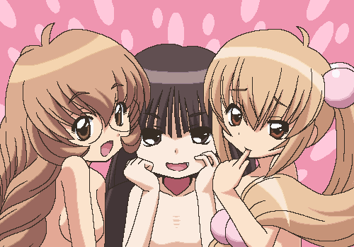 awa, kagami kuro, kokonoe rin, usa mimi, kodomo no jikan, lowres, 00s, 3girls, breasts, hair bobbles, hair ornament, jaggy lines, loli, multiple girls, oekaki, oppai loli, upper body
