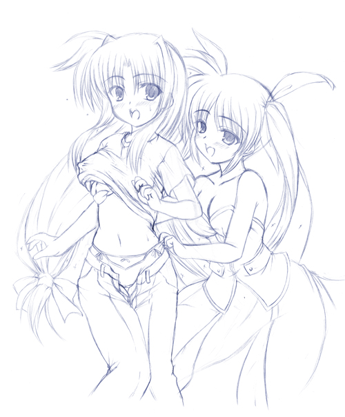 johnny (from scratch), fate testarossa, takamachi nanoha, takamachi nanoha (exceed mode), lyrical nanoha, mahou shoujo lyrical nanoha, mahou shoujo lyrical nanoha strikers, 00s, 2girls, bare shoulders, breasts, cleavage, clothes lift, grabbing another's breast, groping, large breasts, long hair, magical girl, midriff, monochrome, multiple girls, panties, shirt lift, sketch, twintails, underwear