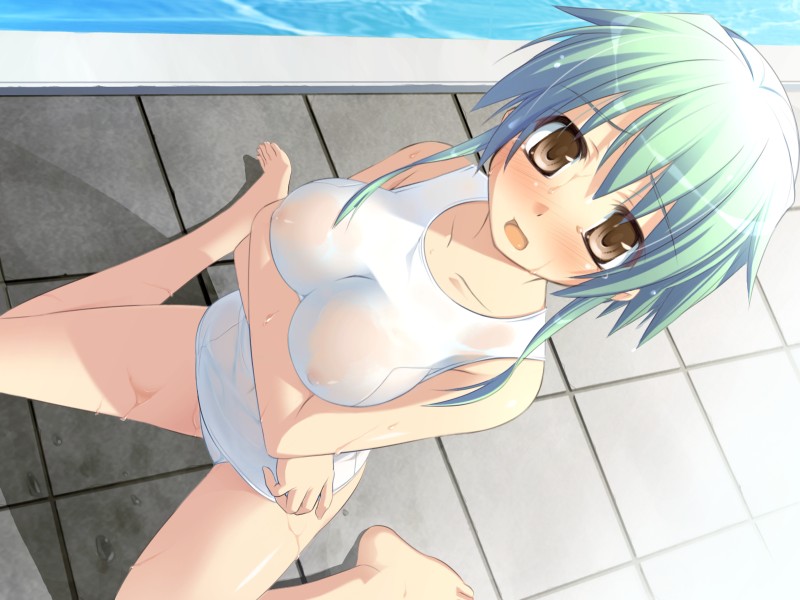 ninozen, character request, source request, 1girl, barefoot, blush, breasts, brown eyes, covered erect nipples, crossed arms, dutch angle, feet, female focus, green hair, kneeling, nipples, one-piece swimsuit, open mouth, pool, poolside, school swimsuit, see-through clothes, short hair, solo, swimsuit, wet, white one-piece swimsuit, white school swimsuit