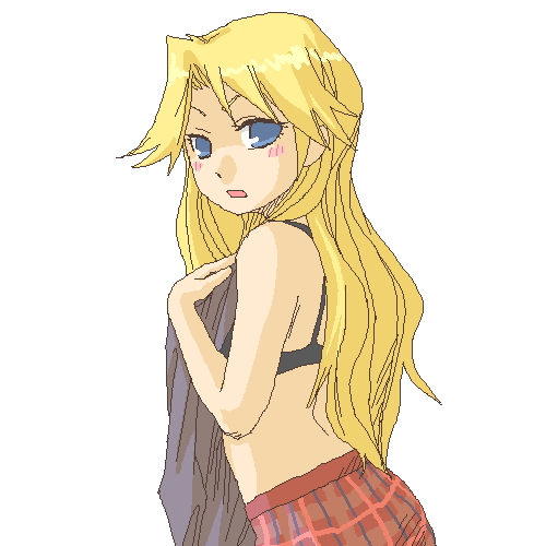 kimura kaere, sayonara zetsubou sensei, lowres, 00s, blonde hair, blue eyes, blush, looking back, oekaki, solo, undressing