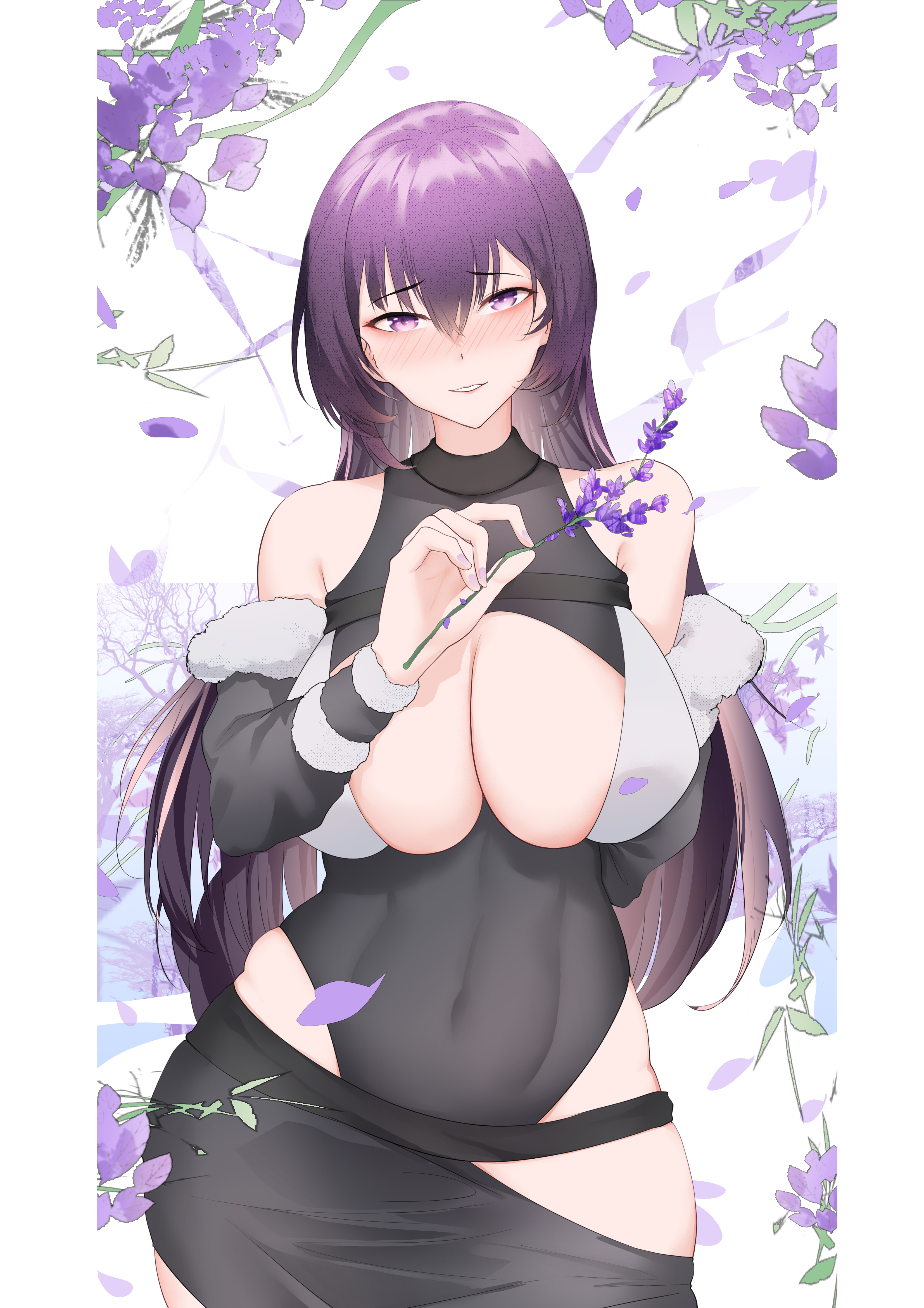 thatob, girls' frontline, girls' frontline neural cloud, absurdres, chinese commentary, commentary, highres, 1girl, arm behind back, bare shoulders, black leotard, blush, breasts, cleavage, covered navel, embarrassed, falling petals, feet out of frame, floral background, flower, holding, holding flower, holding petal, large breasts, leotard, light smile, long hair, looking at viewer, open mouth, parted lips, petals, purple eyes, purple hair, sangoma (neural cloud), solo, standing, white background