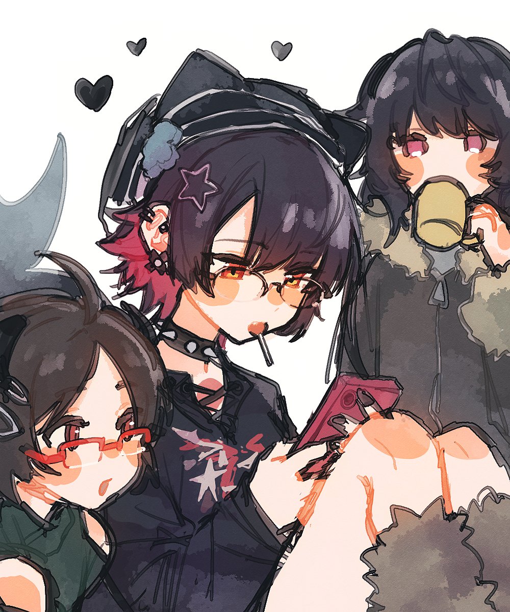 nandaka 0103, ellen joe, lynn (zenless zone zero), monna (zenless zone zero), zenless zone zero, commentary request, highres, 3girls, ahoge, bespectacled, black hair, black hat, blush, cellphone, choker, cup, ear piercing, fur-trimmed jacket, fur trim, glasses, hair ornament, hairclip, hat, heart, holding, holding cup, holding phone, horns, jacket, lollipop in mouth, long sleeves, mug, multicolored hair, multiple girls, parted lips, phone, piercing, red-framed eyewear, red hair, short hair, simple background, sitting, spiked choker, spikes, star (symbol), star hair ornament, tail, white background