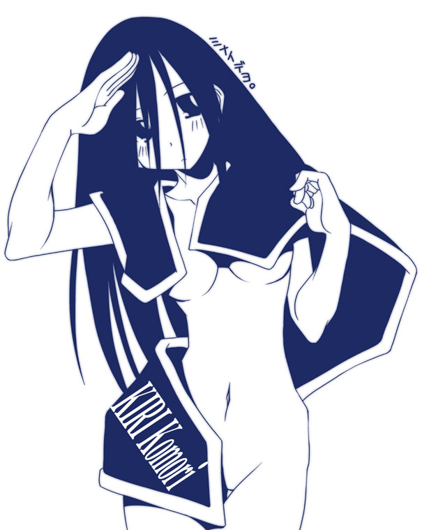 k.m.station, komori kiri, sayonara zetsubou sensei, 00s, 1girl, blanket, blue theme, blush, breasts, censored, character name, convenient censoring, female focus, long hair, medium breasts, monochrome, nude, salute, simple background, solo, underboob, white background
