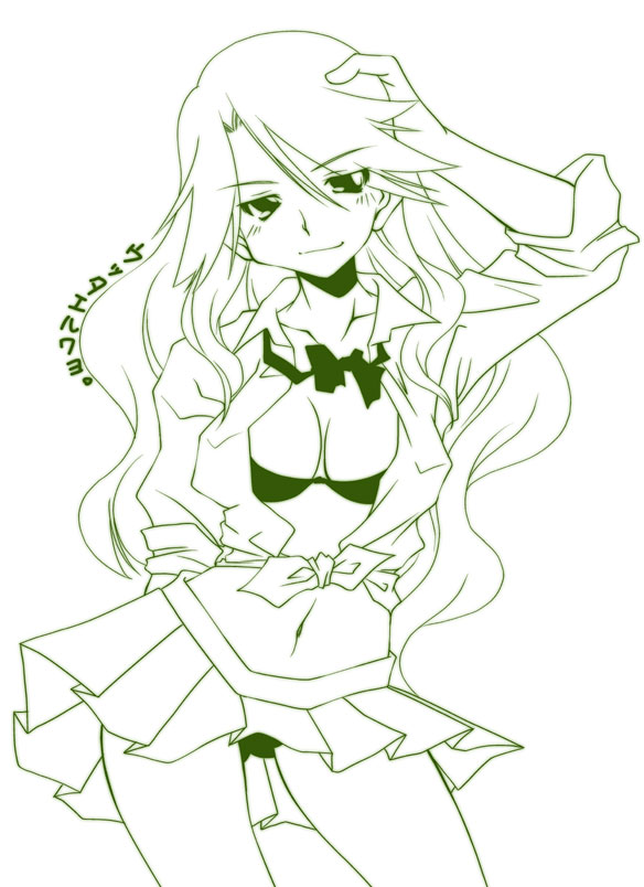 k.m.station, kimura kaere, sayonara zetsubou sensei, translated, 00s, 1girl, bra, breasts, cleavage, female focus, hand on own head, lineart, lingerie, long hair, midriff, monochrome, open clothes, open shirt, panties, shirt, simple background, skirt, sleeves rolled up, smile, solo, underwear