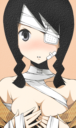 kobushi abiru, sayonara zetsubou sensei, lowres, 00s, 1girl, bandage over one eye, bandages, black hair, blush, breasts, cleavage, eyepatch, female focus, medium breasts, solo