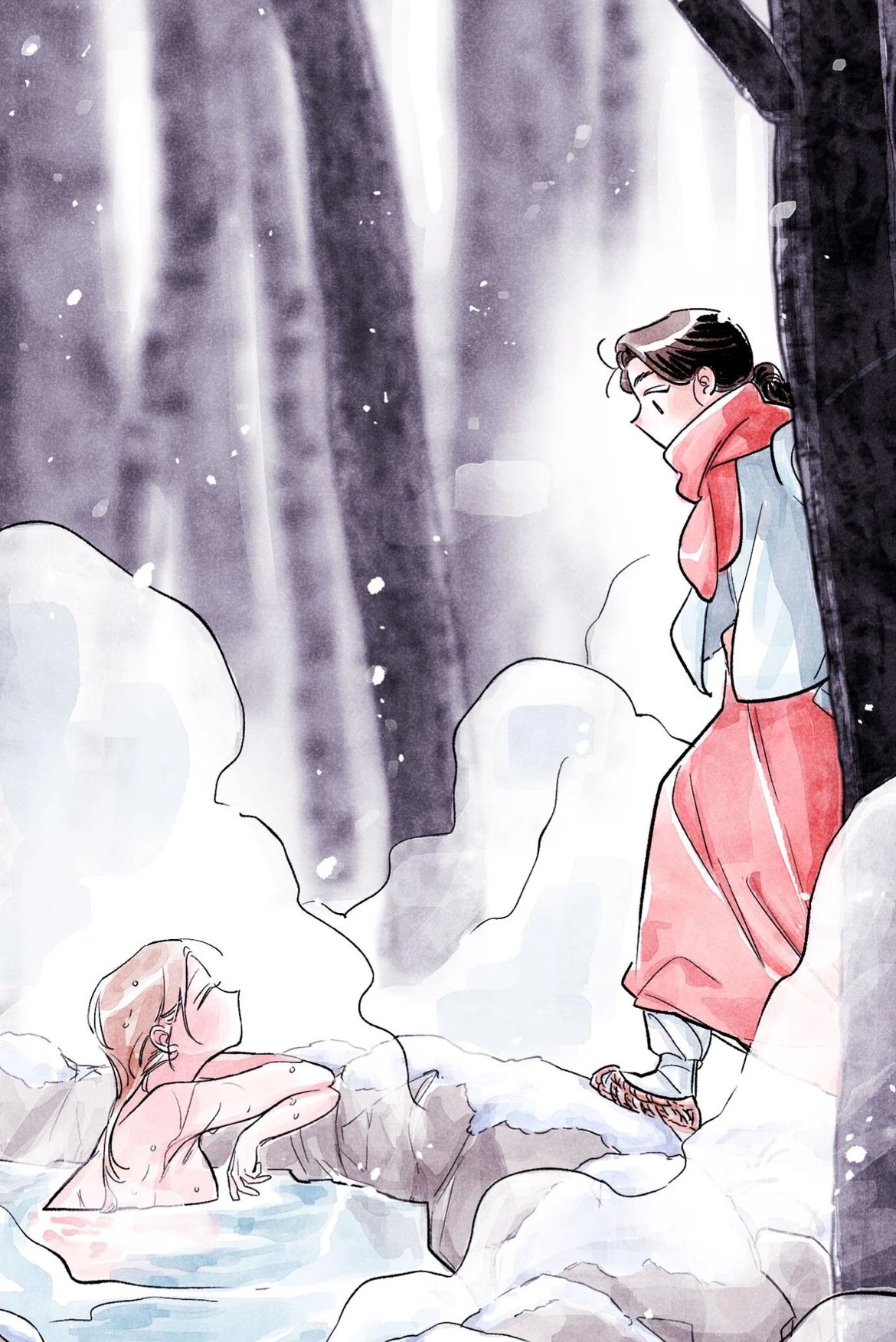 pobae hoho, original, facing up, commentary request, highres, korean commentary, 2girls, bathing, black hair, breasts, closed eyes, day, dress, forest, jacket, long dress, long hair, looking at another, looking down, multiple girls, nature, no mouth, nude, onsen, open clothes, open jacket, outdoors, partially submerged, pink dress, pink scarf, scarf, snow, snowing, standing, tree, water, water drop, wet, wet hair, white jacket, winter, winter clothes