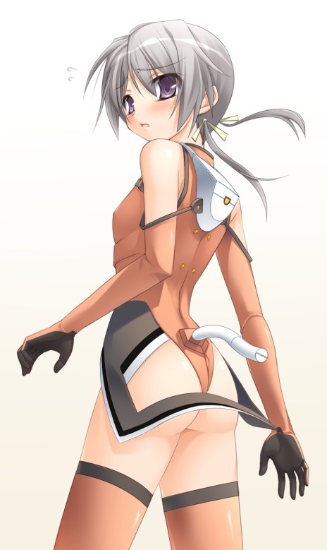 ninozen, sonomiya karen, sky girls, pilot suit, silver hair, 00s, 1girl, :o, ass, bare shoulders, blush, bodysuit, covered erect nipples, cowboy shot, elbow gloves, female focus, flat chest, flying sweatdrops, from behind, from side, gloves, gradient background, hair ribbon, halterneck, leotard, looking at viewer, looking back, low twintails, mecha pilot suit, motion slit, motionslit, open mouth, orange thighhighs, parted bangs, purple eyes, raised eyebrows, ribbon, short hair, short twintails, solo, surprised, sweatdrop, thighhighs, thong, thong leotard, turtleneck, twintails, white background