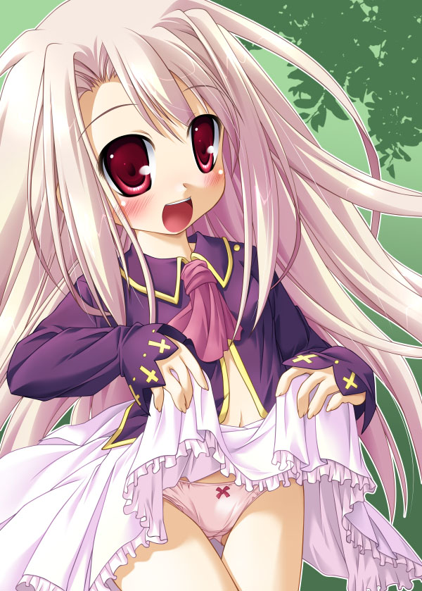 natsuhime yuran, illyasviel von einzbern, fate/stay night, fate (series), 00s, 1girl, blush, bow, bow panties, clothes lift, female focus, loli, long hair, panties, pink panties, red eyes, skirt, skirt lift, smile, solo, underwear