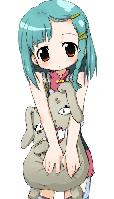 izuno kenta, limone (simoun), simoun, 00s, green hair, red eyes, solo, stuffed animal, stuffed toy