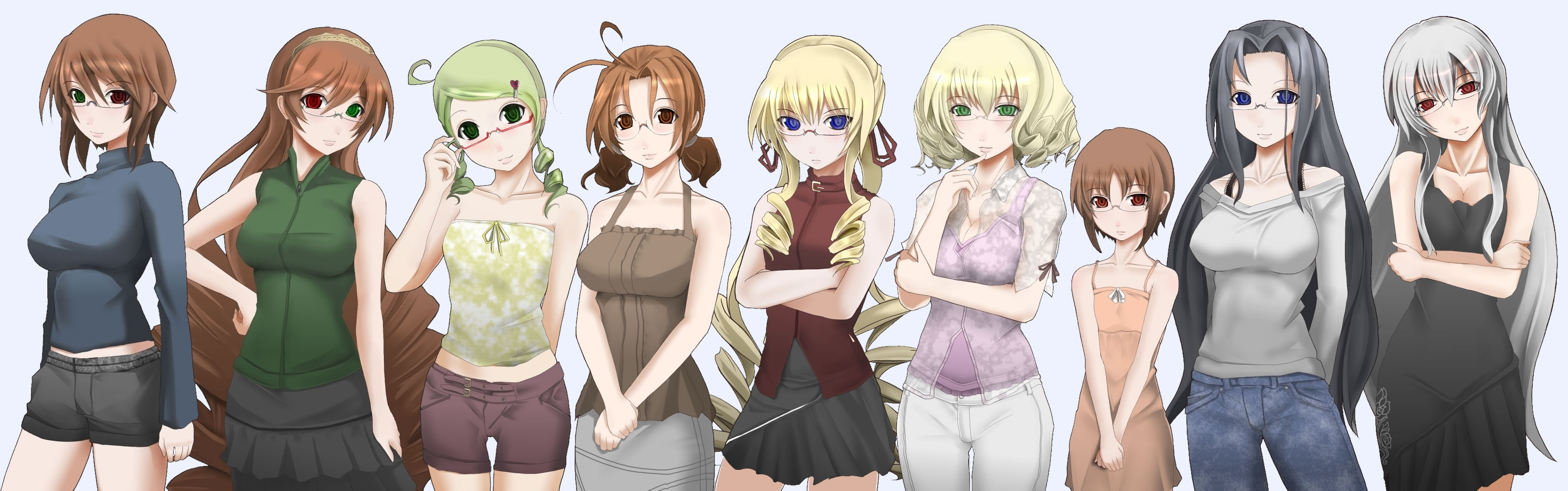 chemical-x, hinaichigo, kakizaki megu, kanaria, kashiwaba tomoe, sakurada nori, shinku, souseiseki, suigintou, suiseiseki, rozen maiden, breast hold, silver hair, absurdres, highres, long image, wide image, 00s, 6+girls, adjusting eyewear, age difference, aged up, ahoge, antenna hair, arms behind back, bare shoulders, belt, bespectacled, black hair, blonde hair, blouse, blue eyes, blush, breasts, breasts squeezed together, brown eyes, brown hair, casual, cleavage, collar, crop top, crossed arms, denim, dress, drill hair, everyone, female focus, finger to mouth, flat chest, floral print, frills, glasses, green eyes, green hair, hair between eyes, hair ornament, hair ribbon, hairband, hairclip, halterneck, hand on own hip, head tilt, heart, heterochromia, hip focus, jeans, large breasts, lineup, long hair, looking at viewer, midriff, miniskirt, multiple girls, off shoulder, own hands together, pants, parted bangs, parted lips, pencil skirt, pleated dress, pleated skirt, quad drills, red-framed eyewear, red eyes, ribbon, scrunchie, see-through clothes, semi-rimless eyewear, shirt, short dress, short hair, short shorts, short twintails, shorts, siblings, sidelocks, simple background, sisters, skirt, sleeveless, sleeveless shirt, smile, standing, strapless, sundress, sweater, swept bangs, tank top, thigh gap, thighs, tube top, turtleneck, twin drills, twins, twintails, under-rim eyewear, very long hair
