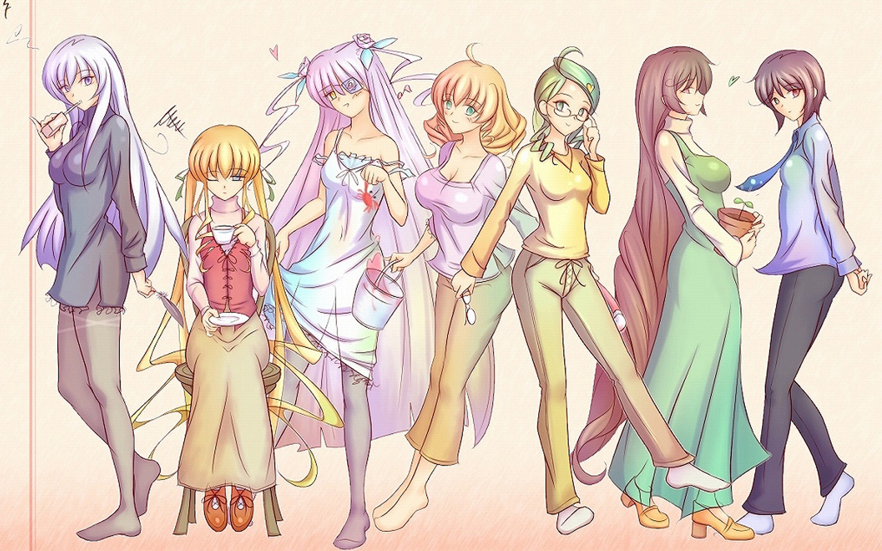 barasuishou, hinaichigo, kanaria, shinku, souseiseki, suigintou, suiseiseki, rozen maiden, 00s, 6+girls, aged up, barefoot, blonde hair, blue eyes, breasts, brown hair, bucket, cleavage, crab, crustacean, cup, dress, drill hair, everyone, glasses, green eyes, green hair, heterochromia, long hair, multiple girls, necktie, pantyhose, pink hair, purple eyes, purple hair, short hair, siblings, sisters, tea, twins, twintails, yellow eyes