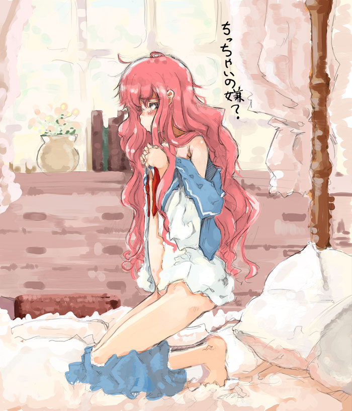 lefty10, louise francoise le blanc de la valliere, zero no tsukaima, translated, 00s, barefoot, bed, blush, flat chest, kneeling, pink hair, school uniform, serafuku, sketch, skirt, solo, undressing
