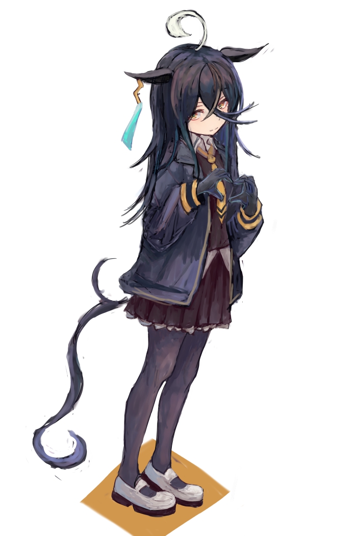 yanagi wakana, manhattan cafe (umamusume), umamusume, 1girl, ahoge, animal ears, black choker, black gloves, black hair, black jacket, black pantyhose, black shirt, black skirt, choker, closed mouth, collared shirt, ear tag, earrings, gloves, hair between eyes, horse ears, horse girl, horse tail, jacket, jewelry, long bangs, long hair, long hair between eyes, long sleeves, looking at viewer, multicolored hair, necktie, open clothes, open jacket, pantyhose, pleated skirt, shirt, shoes, simple background, single earring, skirt, solo, tail, white background, white hair, yellow eyes, yellow necktie