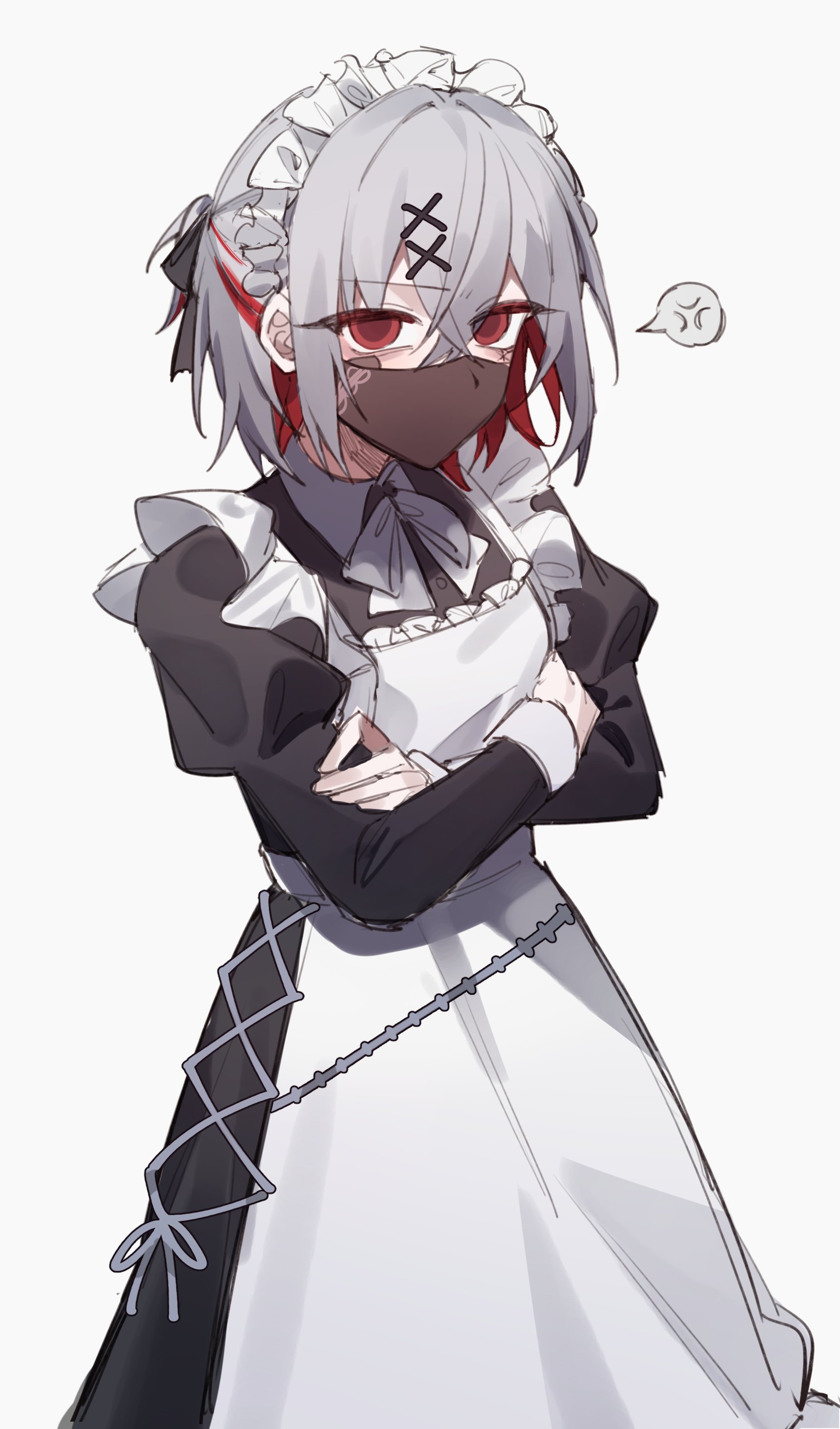 mahou shoujo no majo saiban, absurdres, highres, 1girl, alternate costume, anger vein, apron, bandaid, bandaid on face, black dress, black mask, colored inner hair, cowboy shot, crossed arms, dress, frilled apron, frills, grey hair, hair ornament, looking at viewer, maid, maid apron, maid headdress, mu (km mnsb), multicolored hair, red eyes, shitou arisa, short hair, simple background, solo, spoken anger vein, stitched face, stitches, white apron, white background, wrist cuffs, x hair ornament