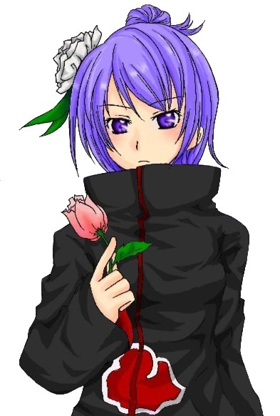 konan (naruto), naruto (series), naruto shippuuden, artist request, 1girl, blue eyes, blue hair, female focus, flower, oekaki, simple background, solo, white background