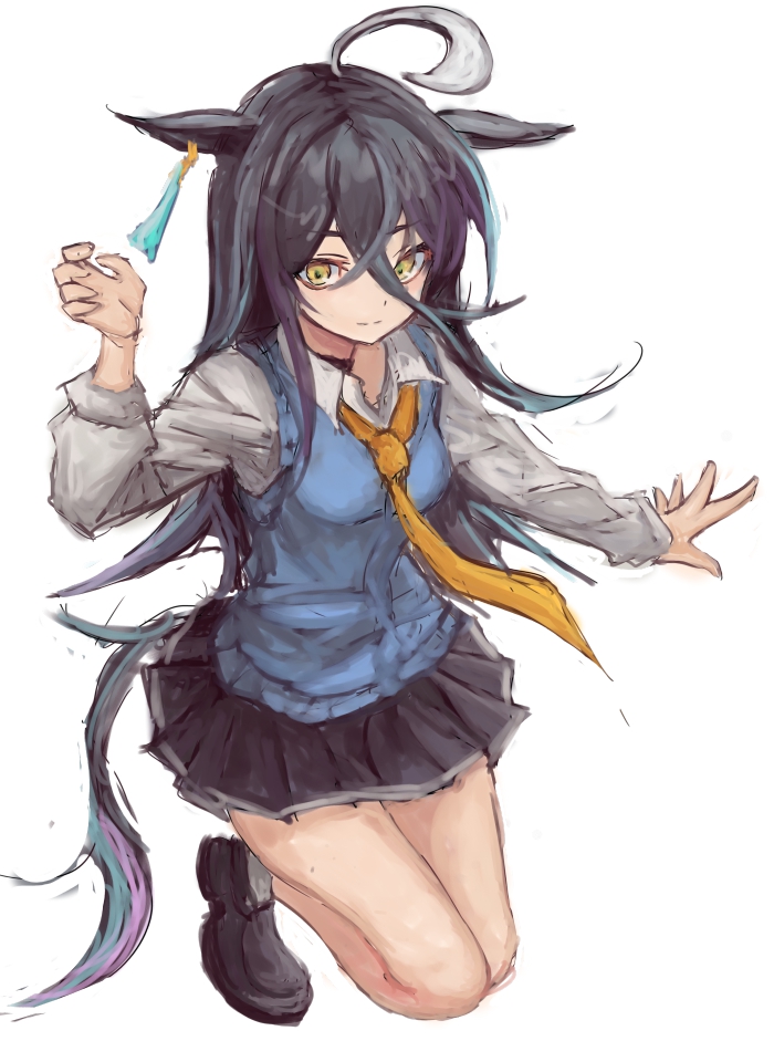 yanagi wakana, manhattan cafe (umamusume), umamusume, 1girl, ahoge, animal ears, black hair, black skirt, blue sweater vest, blush, breasts, closed mouth, collared shirt, ear tag, earrings, hair between eyes, horse ears, horse girl, horse tail, jewelry, long bangs, long hair, long hair between eyes, long sleeves, multicolored hair, necktie, pleated skirt, shirt, simple background, single earring, skirt, smile, solo, sweater vest, tail, white background, white hair, white shirt, yellow eyes, yellow necktie