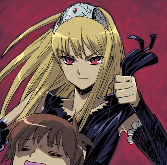 etorouji shiono, shiono etorouji, hime (kaibutsu oujo), hiyorimi hiro, kaibutsu oujo, 00s, 1boy, 1girl, = =, blonde hair, closed mouth, collarbone, detached sleeves, dress, evil smile, frills, gem, gloves, long sleeves, looking at viewer, open mouth, red eyes, shaded face, shadow, sleeveless, sleeveless dress, smile, tiara, upper body