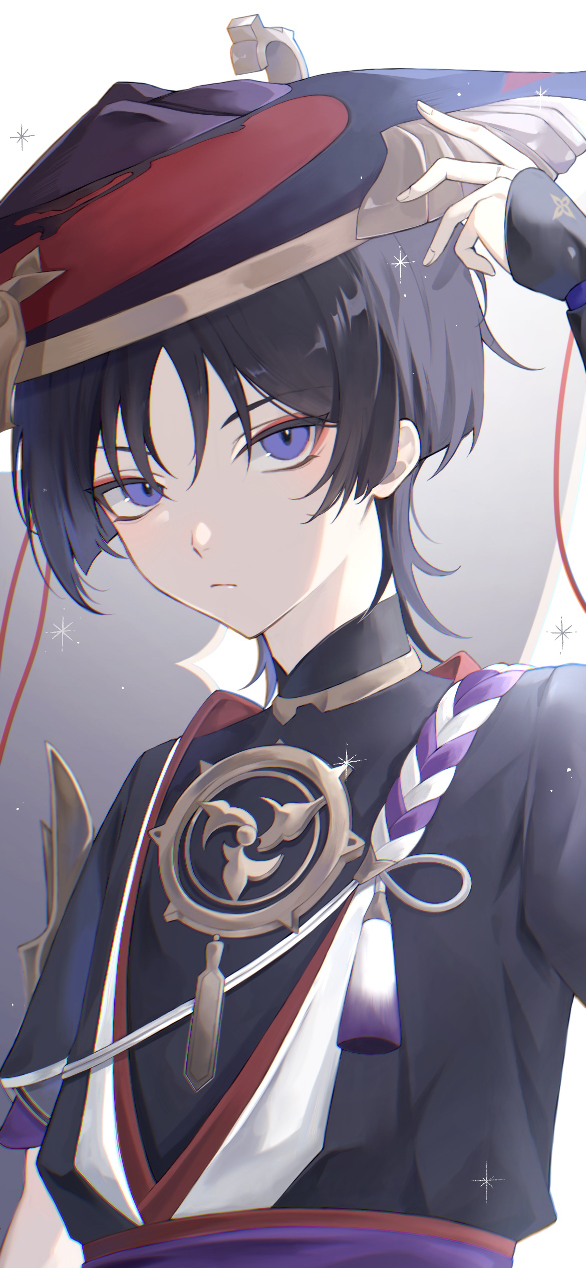 scaramouche (genshin impact), genshin impact, absurdres, commentary request, highres, 1boy, 6rxeo, blunt ends, closed mouth, eyeliner, hat, japanese clothes, jingasa, looking at viewer, makeup, male focus, purple eyes, purple hair, red eyeliner, short hair, simple background, solo, upper body, white background