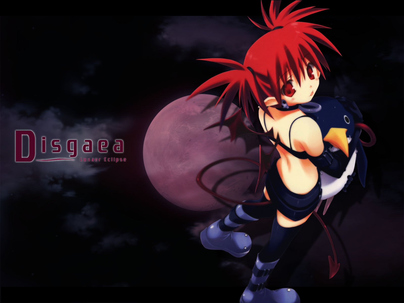 mitsumi misato, etna (disgaea), prinny, disgaea, makai senki disgaea, highres, 00s, bat wings, demon girl, english text, engrish text, moon, ranguage, red moon, solo, tail, thighhighs, wings