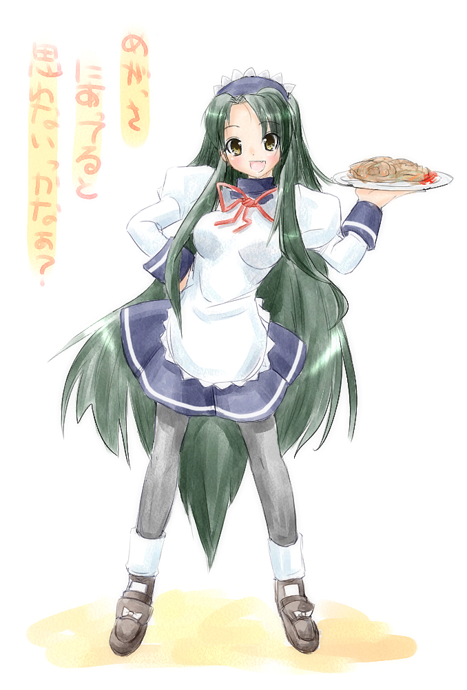 tsuruya, suzumiya haruhi no yuuutsu, translated, 00s, 1girl, breasts, fang, female focus, food, full body, green hair, long hair, pantyhose, solo, standing, very long hair, waitress, white background, yakisoba
