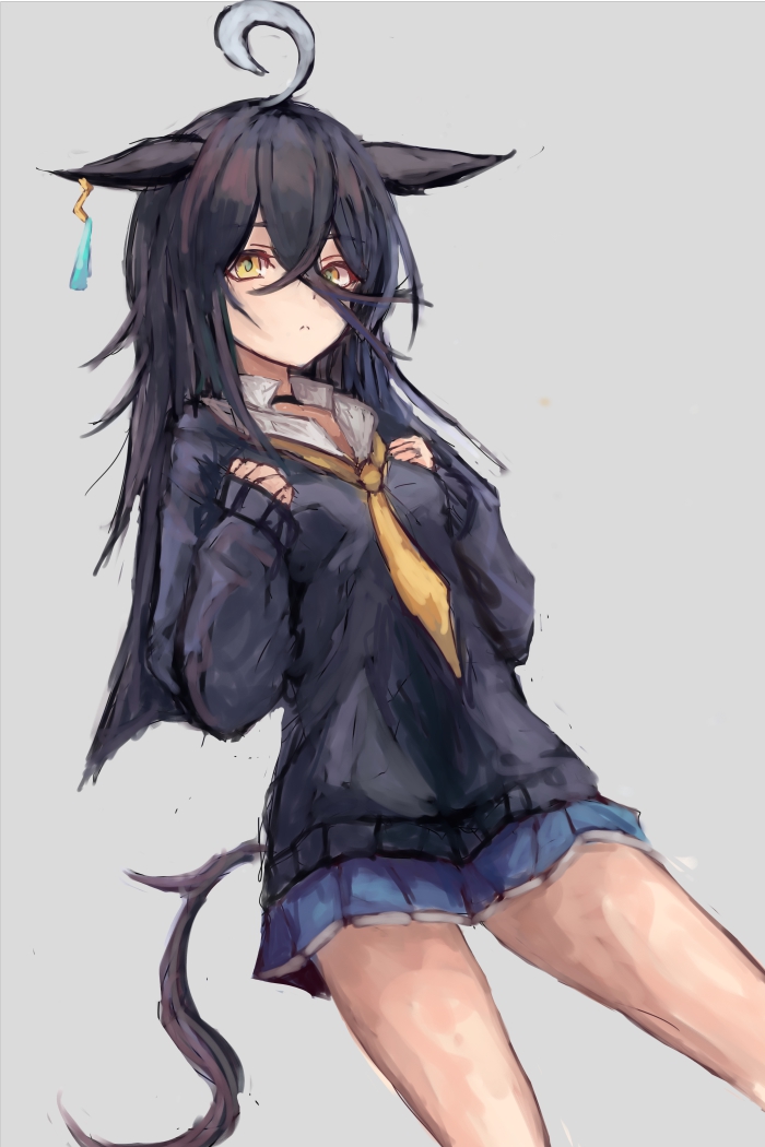 yanagi wakana, manhattan cafe (umamusume), umamusume, 1girl, ahoge, animal ears, black hair, black sweater, blue skirt, closed mouth, collared shirt, ear tag, earrings, grey background, hair between eyes, horse ears, horse girl, horse tail, jewelry, long bangs, long hair, long hair between eyes, long sleeves, looking at viewer, multicolored hair, necktie, pleated skirt, school uniform, shirt, simple background, single earring, skirt, solo, sweater, tail, white hair, yellow eyes, yellow necktie