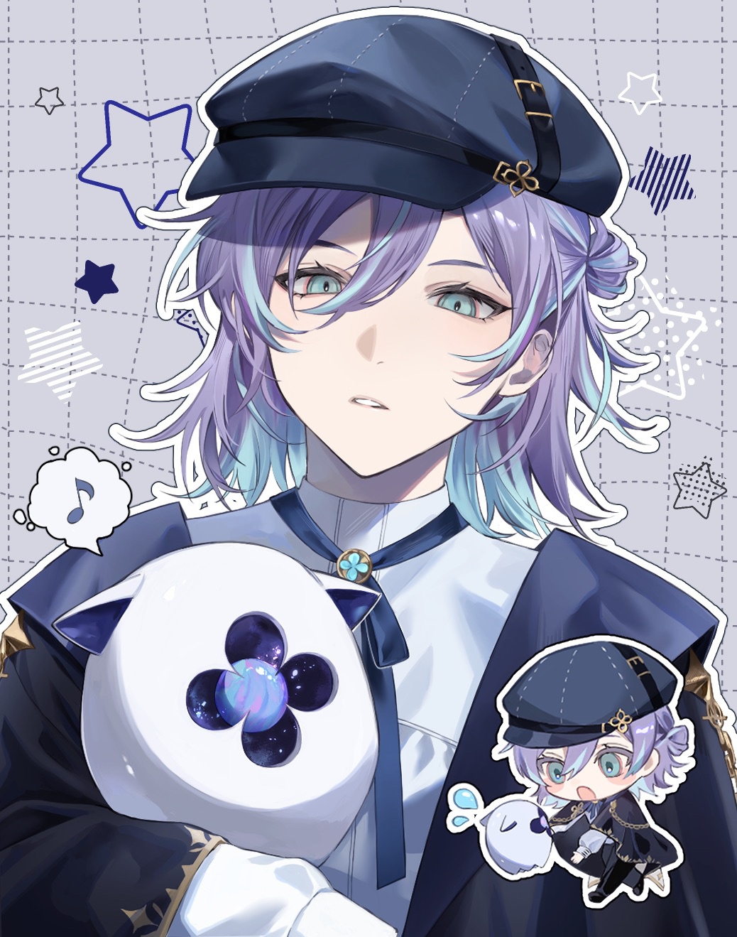 hoshirube sho, hoshirube sho (2nd costume), otomo (hoshirube sho), nijisanji, commentary request, highres, 1boy, 6rxeo, aqua eyes, blue hair, chibi, chibi inset, eyelashes, girly boy, grid background, hair between eyes, long sleeves, looking at viewer, male focus, medium hair, multicolored hair, musical note, purple hair, solo, spoken musical note, star (symbol), streaked hair, upper body, virtual youtuber