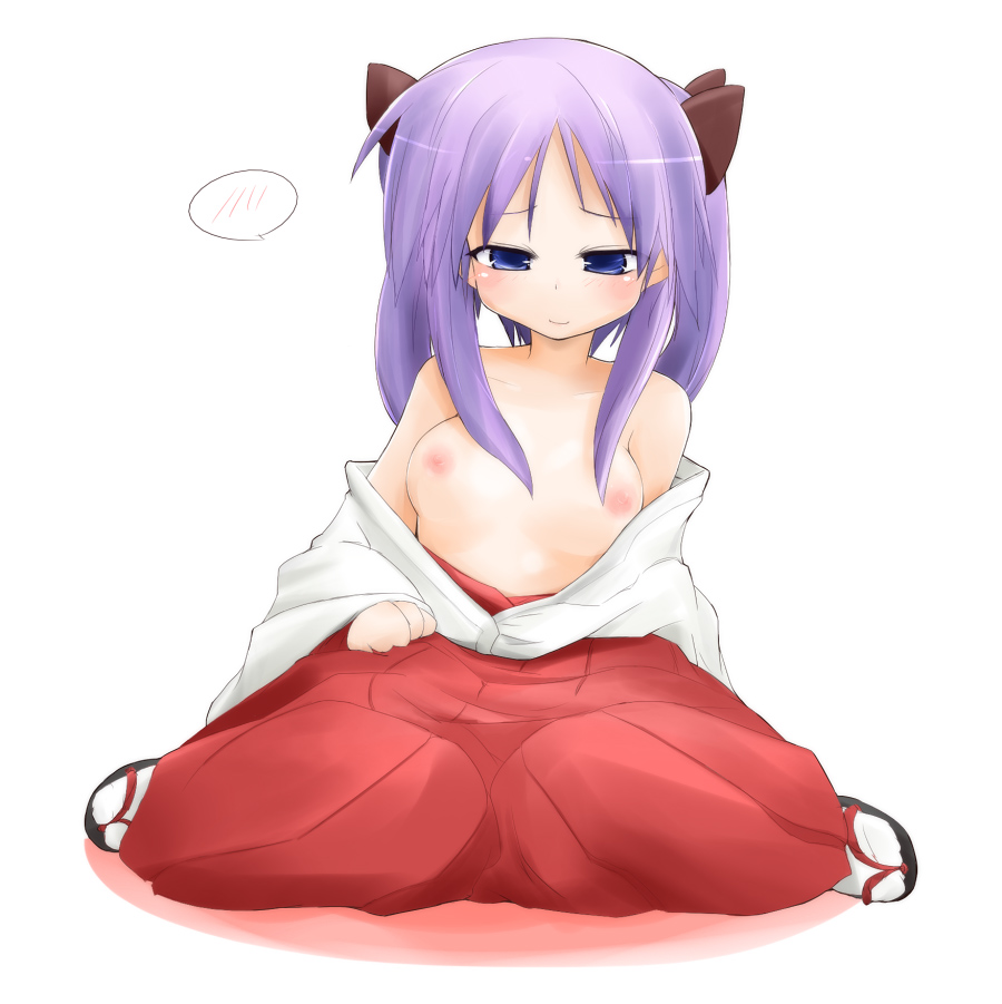 dama, hiiragi kagami, lucky star, 00s, 1girl, blue eyes, blush, bow, breasts, collarbone, embarrassed, female focus, hair bow, hair ornament, hair ribbon, hakama, hakama skirt, japanese clothes, long hair, looking at viewer, miko, nipples, open clothes, open shirt, purple hair, red hakama, ribbon, sandals, shirt, sitting, skirt, small breasts, smile, solo, topless female, tsurime, twintails, wariza, white background