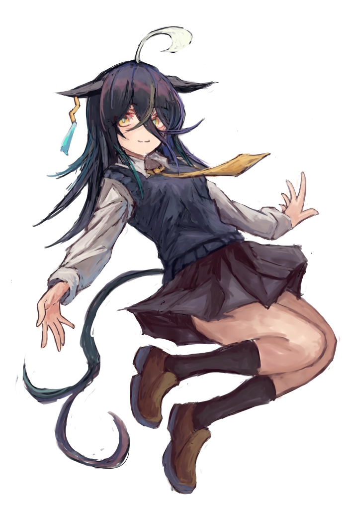 yanagi wakana, manhattan cafe (umamusume), umamusume, 1girl, ahoge, animal ears, black hair, black skirt, black socks, blue sweater vest, blush, closed mouth, collared shirt, ear tag, earrings, hair between eyes, horse ears, horse girl, horse tail, jewelry, long bangs, long hair, long hair between eyes, long sleeves, looking at viewer, multicolored hair, necktie, school uniform, shirt, shoes, single earring, skirt, smile, socks, solo, sweater vest, tail, white hair, white shirt, yellow eyes, yellow necktie