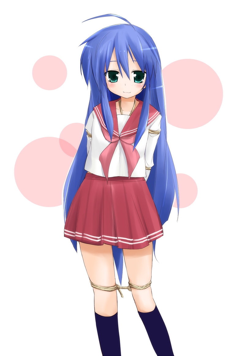 dama, izumi konata, lucky star, 00s, 1girl, bdsm, blue hair, bondage, bound, female focus, mole, mole under eye, rope, school uniform, serafuku, shibari, solo