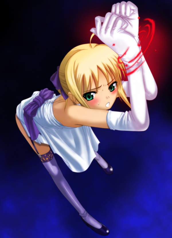 40010prototype, artoria pendragon (fate), saber (fate), fate/stay night, fate (series), 00s, ahoge, bent over, blonde hair, blush, dress, elbow gloves, garter belt, gloves, green eyes, official alternate costume, ribbon, solo, thighhighs