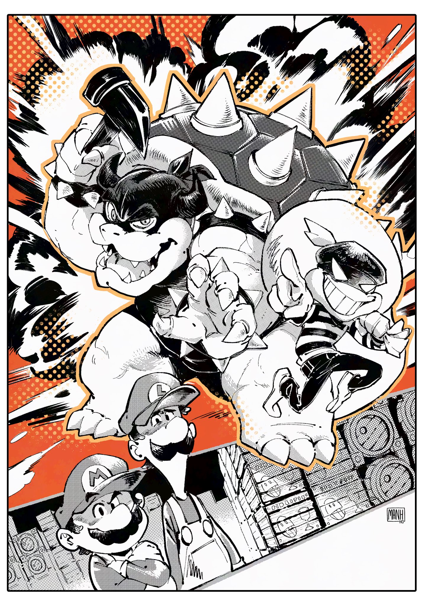 ngmanhho, bowser, mario, popple (mario), mario & luigi: superstar saga, mario & luigi rpg, mario (series), nintendo, 4boys, bag, barrel, bracelet, brothers, claws, crate, crossed arms, dutch angle, explosion, explosion background, facial hair, full body, gloves, greyscale, grin, hammer, hat, index finger raised, jewelry, looking at another, lugii, mask, monochrome, multiple boys, mustache, overalls, raised eyebrow, siblings, smile, spiked bracelet, spikes, spot color, upper body