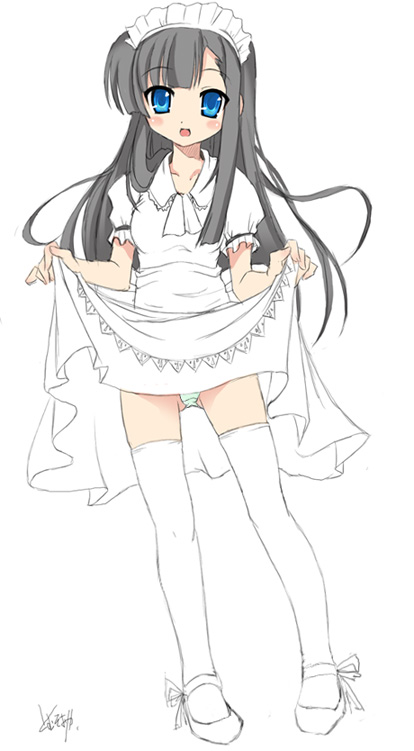 tomusooya, original, revision, 1girl, black hair, blue eyes, clothes lift, dress, dress lift, female focus, grey hair, long hair, maid, panties, pantyshot, solo, thighhighs, underwear