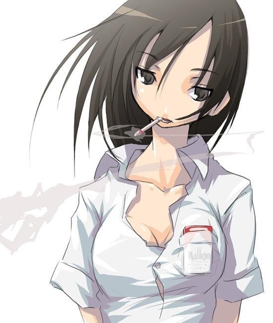 nilitsu, duplicate, tagme, black eyes, black hair, cigarette, head tilt, smoking, solo